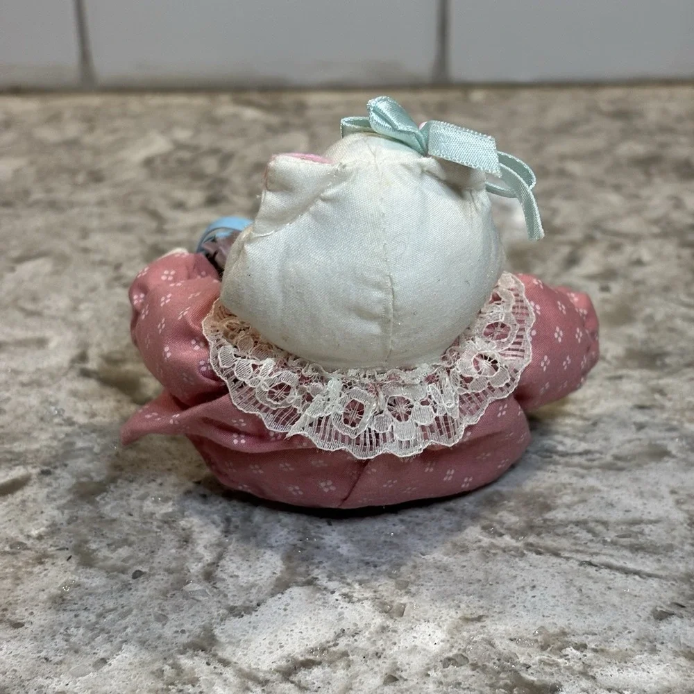 Rare Vintage Enesco 1980s Mini Plush Kitten White Cat Easter Dress Basket Decor